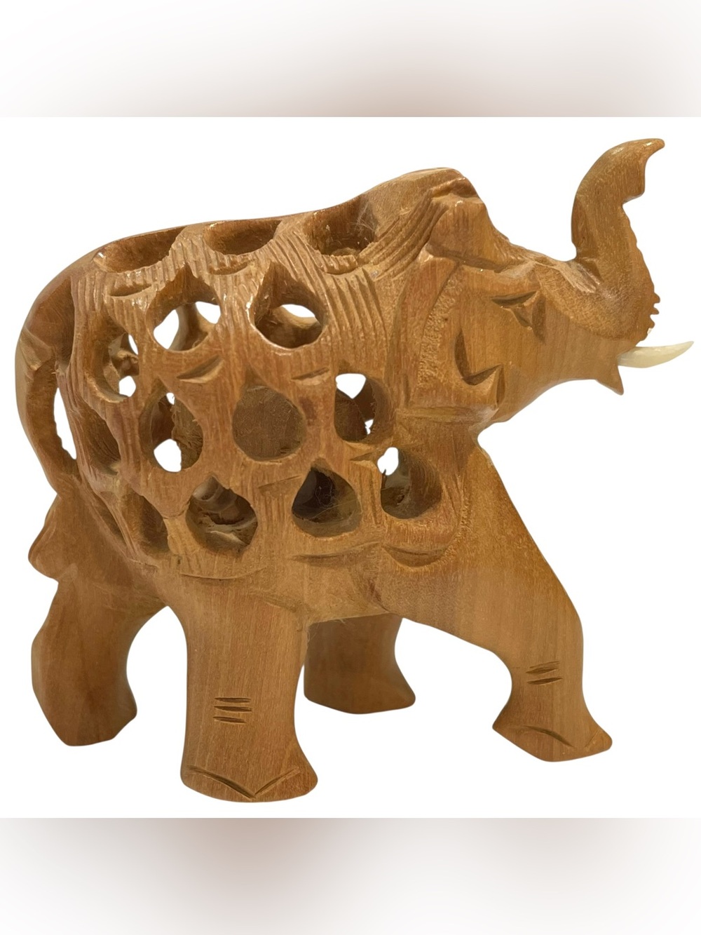 Vintage 1970s Hand Carved Wooden Sculpture Undercut Elephant Within an Elephant
